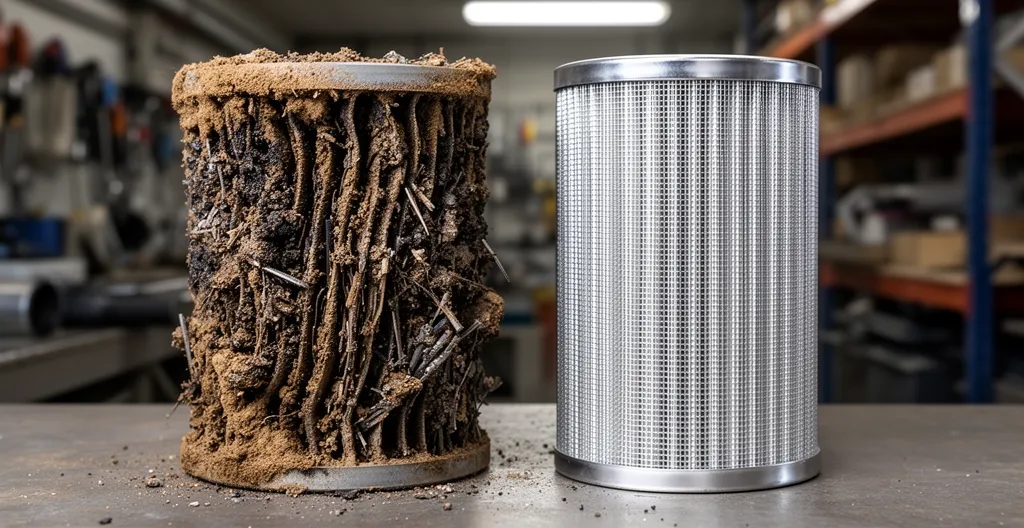 Comparaison entre un filtre de chaudière encrassé et un filtre propre montrant l'importance de l'entretien