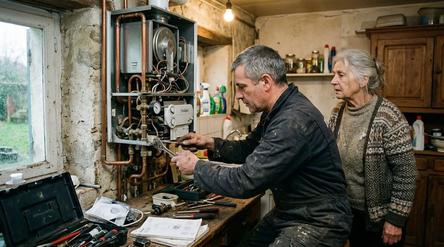 Chauffagiste en intervention dans une maison, penché sur une chaudière ouverte, propriétaire en arrière-plan