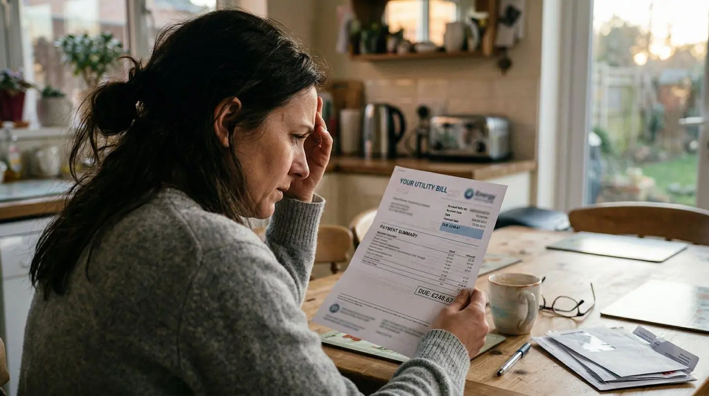 Personne assise à une table de cuisine regardant une facture papier avec une expression préoccupée, lumière naturelle de fin de journée