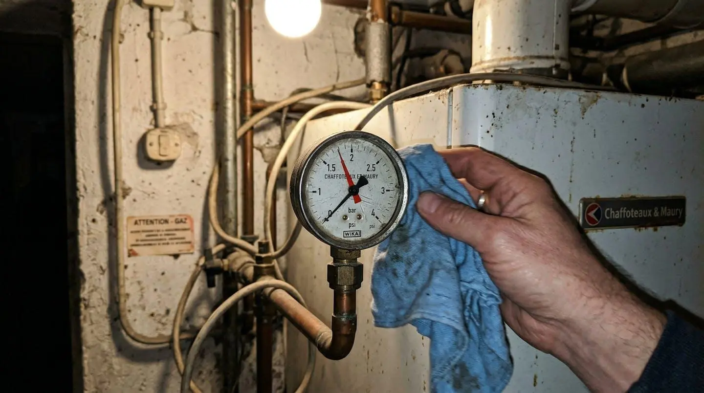 Gros plan sur un manomètre de chaudière dans une buanderie, une main tenant un chiffon à proximité