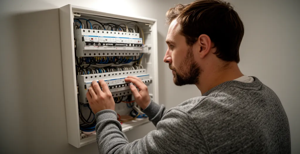 Propriétaire vérifiant les disjoncteurs du tableau électrique lors d'une panne de chauffage