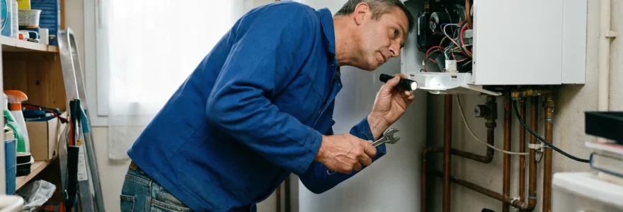 Technicien chauffagiste inspectant une chaudière murale dans une maison du Choletais