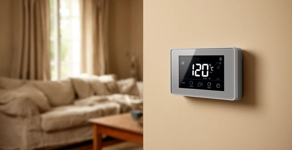 Thermostat de chauffage programmable fixé au mur d'un salon montrant l'affichage température