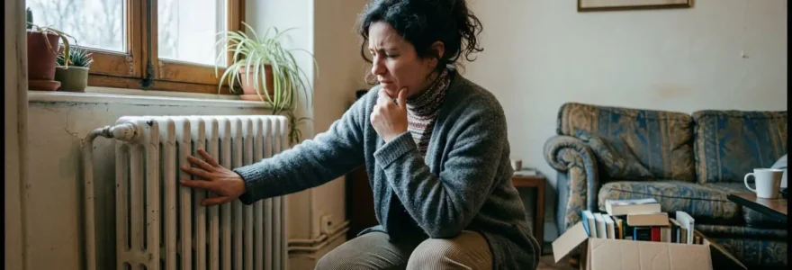 Une personne accroupie dans un salon pose sa main sur un radiateur pour vérifier s'il chauffe correctement, lumière naturelle hivernale